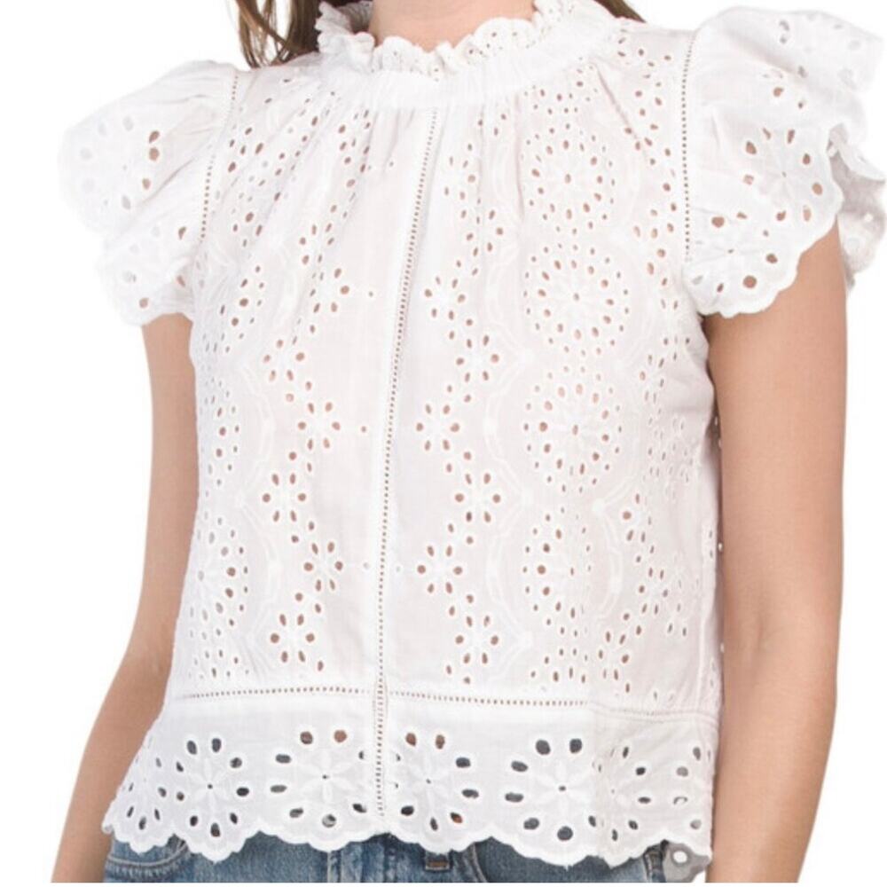 Jennifer‎ & Grace Eyelet Flutter Sleeves Scalloped Edge Women's S Romantic